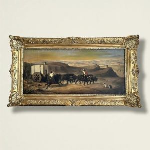 
Campagna Romana – Olio su tela con maestosa cornice dorata, XIX secolo