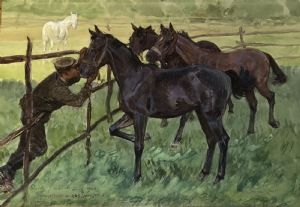 Ludwig Koch (Viena 1866-1934) Cena campestre com cavalos, aguarela assinada e datada de 1924