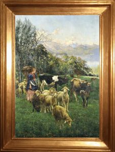 Giuseppe Pennasilico, Pastorella con gregge e armenti nei pressi di Villa Pallavicino sul Lago Maggiore, olio su tela