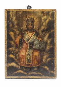 Icona in legno con Cristo Pantocratore - Russia XIX secolo