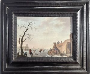 Schlittschuhszene, Öl auf Holz, Flämische Schule, 17. Jahrhundert