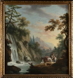 Vittorio Amedeo Cignaroli (Turin 1730 - 1800), Anhänger: Belebtes Landschaftsbild mit Blick auf den Monte dei Cappuccini mit der alten Bleikuppel und Belebtes Landschaftsbild mit Wasserfall