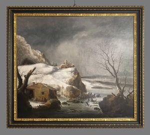 Francesco Foschi (Ancona 1710 Roma 1780) Paesaggio innevato, olio su tela in cornice dorata