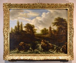 Paisagem arborizada com cachoeira, atribuível a Jacob van Ruisdael (Haarlem 1628 - Amesterdão 1682)