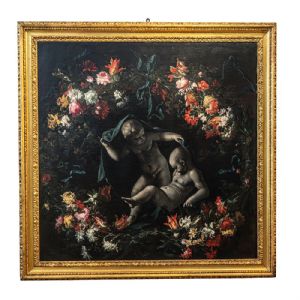 Dipinto raffigurante composizione floreale con due putti sotto un drappo – Giuseppe Volò detto Giuseppe Vicenzino