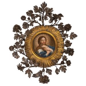 Dipinto su vetro raffigurante la Vergine Maria - Cornice in argento