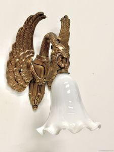 Antique pair of Liberty-style swan sconces with spread wings and bell-shaped opaline lampshade.