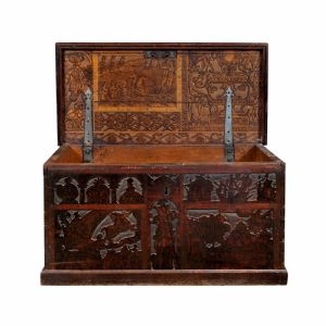 Carved and pyrography walnut chest. Netherlands, early 17th century.