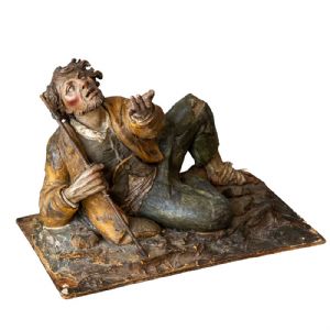 Statuette eines Bettlers – Polychrome Terrakotta aus dem 18. Jahrhundert, signiert „C.P.“