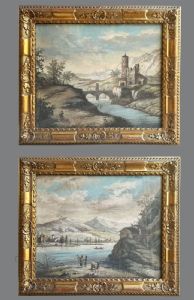 Pair of tempera paintings depicting landscapes enlivened by architecture, waterways, and small figures, Veneto 18th century