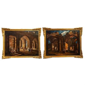 Coppia di Dipinti architettonici con scene di genere - Francesco Monti (Bologna, 1685 – 1768)