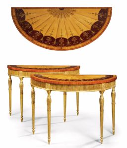 Rare pair of demi-lune console tables, England, late 18th - early 19th century