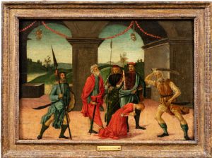 Vincenzo di Antonio Frediani (Lucca 1481 - 1504) - Predella mit der Enthauptung einer Heiligen.