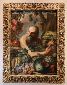 Retrato del filósofo griego Diógenes con composición de frutas, taller de Abraham Brueghel (Amberes 1631 - Nápoles 1690)
