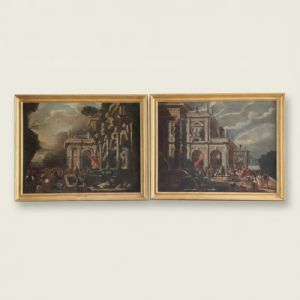 
Raffinata Coppia di Capricci Architettonici ad Olio su Tela - Antonio De Michele Napoli XVII Sec.