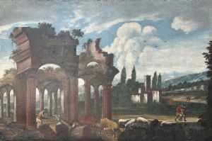 ENORME ARCHITETTURA CON PAESAGGIO E CORNICE DORATA