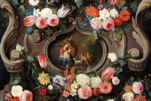 Jan van Kessel I and Jan van Balen, Still life with flowers and butterflies, trompe l'oeil frame and sacred scene, first half of the 17th century - Foto 6