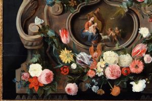 Jan van Kessel I and Jan van Balen, Still life with flowers and butterflies, trompe l'oeil frame and sacred scene, first half of the 17th century - Foto 7