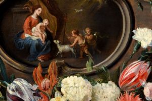 Jan van Kessel I and Jan van Balen, Still life with flowers and butterflies, trompe l'oeil frame and sacred scene, first half of the 17th century - Foto 8