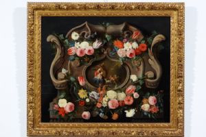 Jan van Kessel I and Jan van Balen, Still life with flowers and butterflies, trompe l'oeil frame and sacred scene, first half of the 17th century - Foto 9