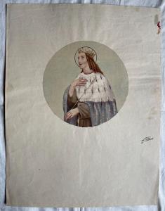 Desenho a lápis aquarelado em cartão representando um círculo com a figura do Rei Arthur Pietra.Bologna
