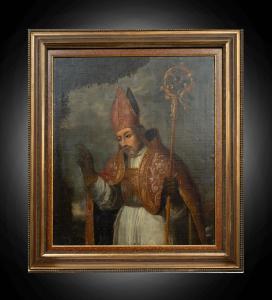 Pintura antiga a óleo sobre tela retratando o busto de um bispo. Lombardia, século XVIII.