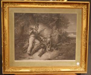 Impressão francesa antiga de 1800 representando um soldado e um mensageiro