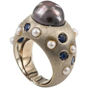 Ring with black pearl, sapphires and pearls - SN/E