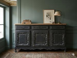 Provençal Sideboard with 3 Lacquered Anthracite Doors - Restoration Included_car 3435