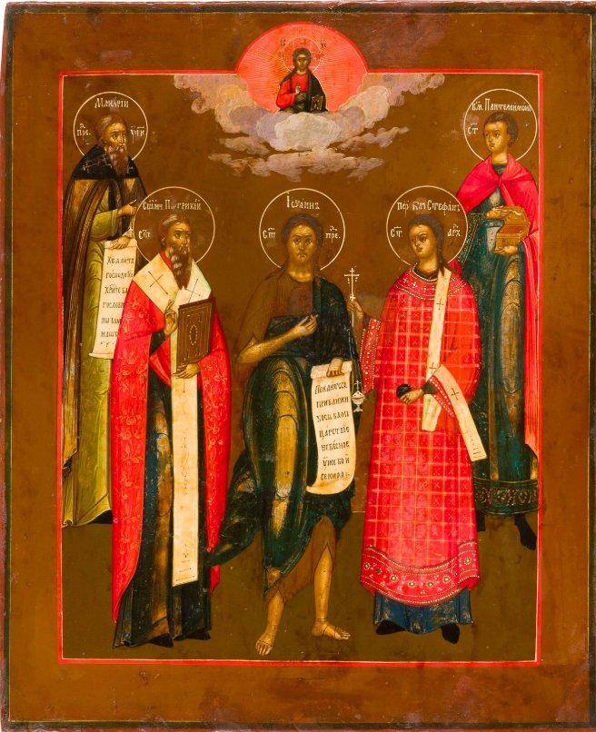 Large icon depicting Saint John the Baptist, surrounded by four chosen saints