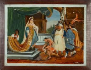 Herodíade com a cabeça de João Batista, escola siciliana do século XVIII, óleo sobre vidro