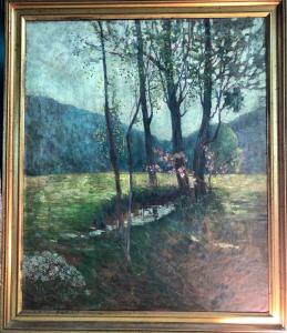 Ölgemälde auf Leinwand mit ländlicher Landschaft. Italien