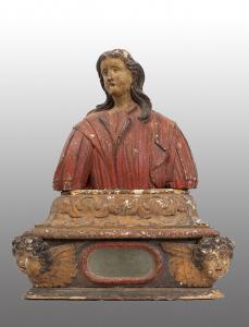 Antiker polychromer Holz-Reliquienbüste aus dem späten 17. Jahrhundert, spanischer Herkunft.