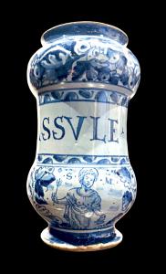 Albarello in maiolica a ‘rocchetto’ con figura di santo.Roma.