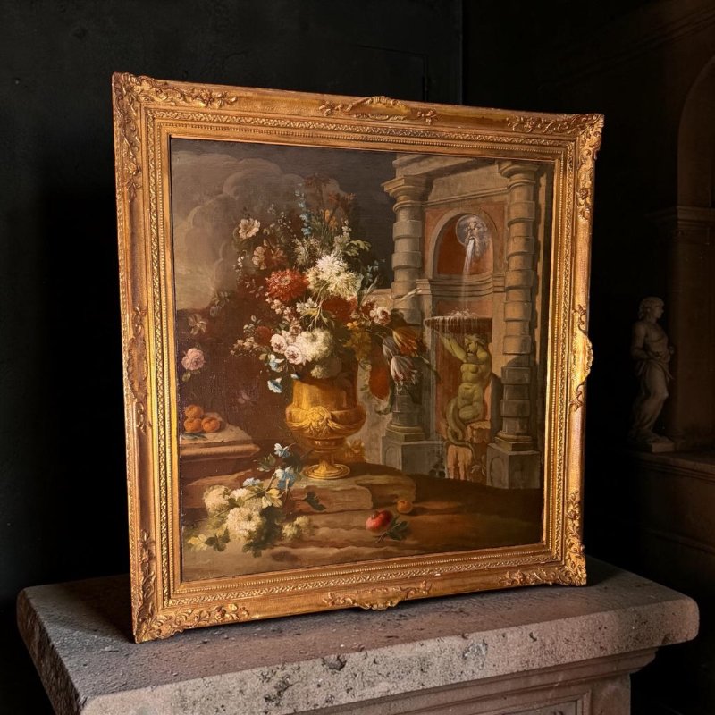 Natura morta con vaso di fiori e fontana con tritone - Attribuito a Nicola Cassisa