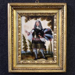 Antico dipinto su marmo del XVII secolo, ritratto di nobile sudamericano
