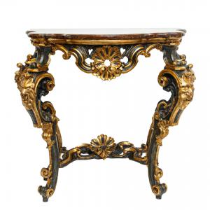 Papal State, 18th century, Louis XV Console with volutes, masks, and crossbeams