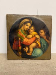Antique oil painting on canvas, 19th century, Madonna della Seggiola, 40x40cm, very good condition