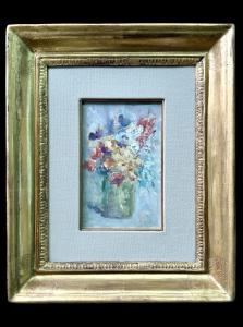 Ölgemälde auf Tafel, das Blumen in einer Vase darstellt. Norma Mascellani (Bologna 1909-2009).