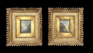 Pair of miniature paintings on panel depicting landscape with figures. Carved and gilded wooden frame.