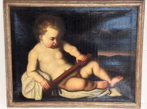 Olio su tela Bambino Gesù con croce XVII secolo Guido Reni (bottega)