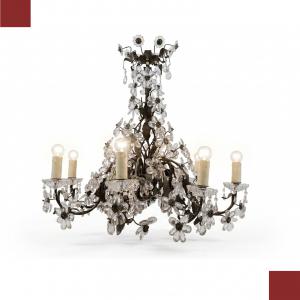 BRONZE AND CRYSTAL CHANDELIER WITH FLOWERS, SECOND HALF OF THE 19TH CENTURY