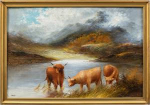 Frank Walters (British, fine XIX sec.) - Bovini delle Highlands sulla riva del lago.
