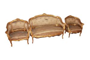 Französisches Wohnzimmer im Louis-XV-Stil aus vergoldetem Holz, Mitte des 19. Jahrhunderts, 2 Sessel, 1 Sofa