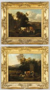Paesaggi con armenti e contadini, coppia di oli in cornice intagliata e dorata, scuola romana secolo XVIII
