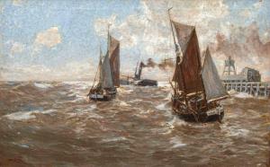 Erwin Carl Wilhelm Günther (1864 - 1927)  Piroscafo e barche a vela sul mare