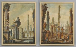 Il Mirandolese, pair of large imaginary views with classical architecture and ruins, tempera on canvas