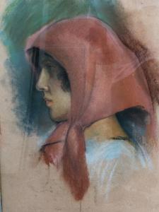 Desenho a pastel de figura feminina. Assinado: Savelli.