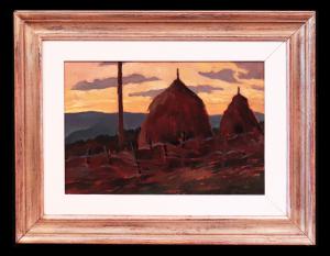 Oil painting: "Landscape with Haystacks" - 20th century Tuscan school