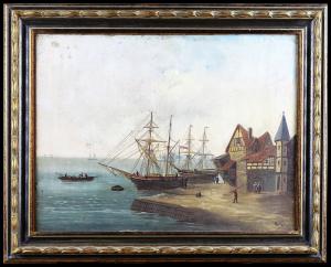 Dipinto Olio su tela francese del 1800 raffigurante una veduta marina porto con barche e personaggi